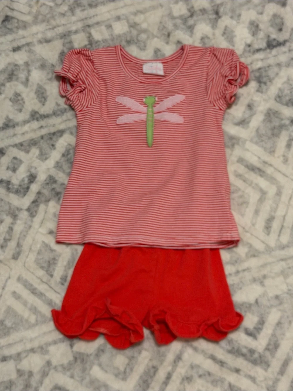 Stitchy Fish Toddler Girls Red Striped Top & Ruffle Shorts Set with Dragonfly